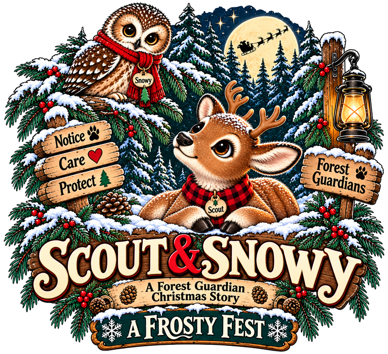 An illustration of evergreens, an owl, and a young deer, with wooden signs that read "Scout & Snowy" and "A Forest Guardian Christmas Story"